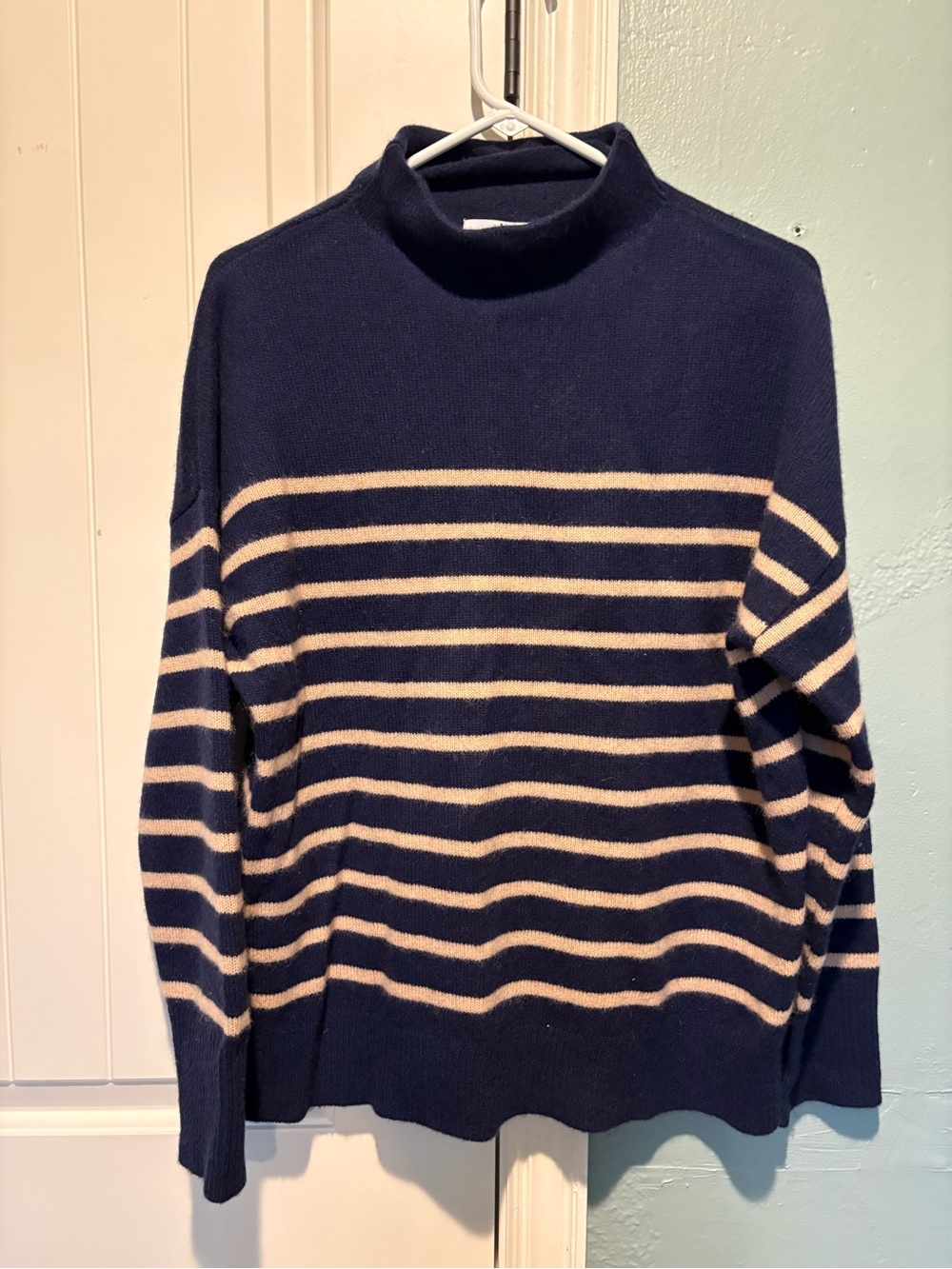 Magaschoni Navy and Cream Striped Turtleneck Sweater